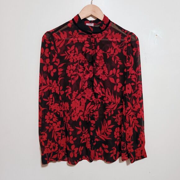 Chicos Blooms Ruffle Front Button Front Blouse-Size 1/US 8-Floral-Sheer-Chic - Picture 1 of 9